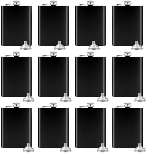 12 Stück Edelstahl Flachmann für Männer, 8 oz/ 220 ml Tragbarer Taschenflachmann, Edelstahl Auslaufsicherer Flachmann mit Trichter, Matt Schwarzer Schnapsflachmann für Frauen, Camping, Wandern