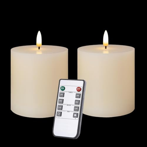 volnyus Flameless Candles Set of 2 (3x3 inch) Flickering LED Real Wax Candles Battery Operated with Remote Control Timers for Fireplace Bedroom Livingroom Party Dimmable Ivory Pillars Flat top