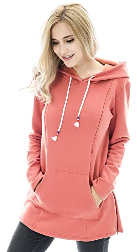 Bearsland Women's Maternity Sweater Clothes Nursing Sweatshirt Breastfeeding Hoodie with Pockets,rustyred,XL