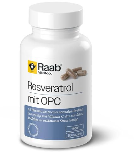 Raab Vitalfood® Resveratrol mit OPC Kapseln (90 Stück) - mit trans-Resveratrol, OPC-Extrakt, Thiamin, Piperin und Vitamin C aus der Acerolakirsche zum Schutz der Zellen vor oxidativem Stress