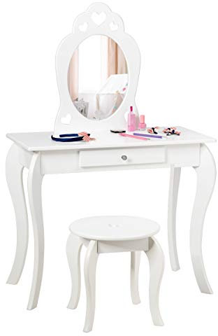 COSTWAY Kinder Schminktisch, Frisiertisch mit Hocker & abnehmbarem Spiegel, Schminkkommode Holz, Kosmetiktisch Mädchen mit Schublade, 70x34x105cm (Weiß)