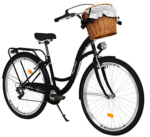 MILORD. Vélo Confort Noir à 7 Vitesse de 28 Pouces avec Panier et Porte-Bagages arrière, vélo néerlandais, vélo pour Femme, vélo de Ville, rétro, Vintage