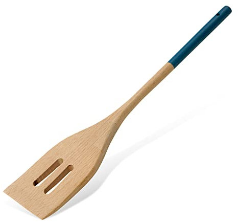 Tasty Wooden Slotted Turner Spatula with Bevelled Front Edge, Heat-Resistant Kitchen and Cooking Spatula with Modern Handle, Dimensions: 30x5.5cm, Colour: Light Wood & Dark Blue