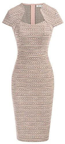 GRACE KARIN Robe Moulante Vintage à Manches Longues pour Femme - Crayon et péplum, Tweed Rose, S