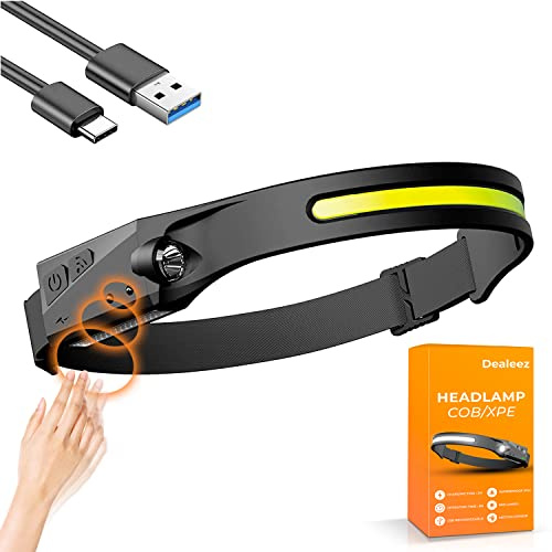 Dealeez Torcia Frontale LED Ricaricabile USB-C, Lampada Frontale con Sensore di Movimento, 230° Fascio Ampio, 350 lm, 300 m, 5 Modalità, IPX4, Luce da Testa Leggera per Running, Trekking e Lavoro