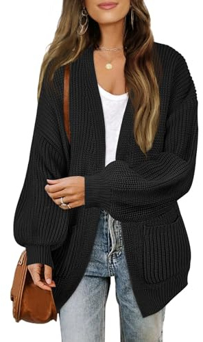 MEROKEETY Oversized Cardigan Sweaters for Women Long Sleeve Chunky Knit Fall Sweater Outwear with Pockets, Black, M