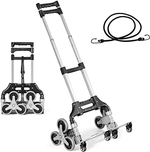 COSTWAY Folding Hand Truck on 10 Wheels, Aluminium Stair Climbing Cart with Adjustable Handle and Cord, Sack Dolly Truck Trolley for Moving Shopping Travel, 80KG Load Capacity