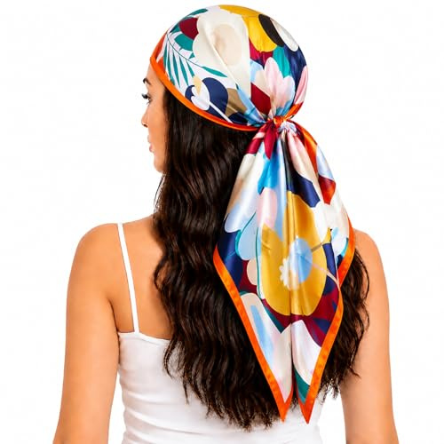 FAIRYGATE Womens Scarves Satin Hair Scarf Women Ladies Silk Feel Square Head Scarfs Sleeping Headscarf Multicolour Flower Ethnic Print Bandana 28025