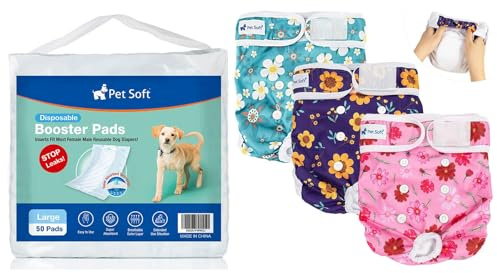 Pet Soft Female Dog Diapers (3 Pack) & Dog Diaper Liners 50ct Large