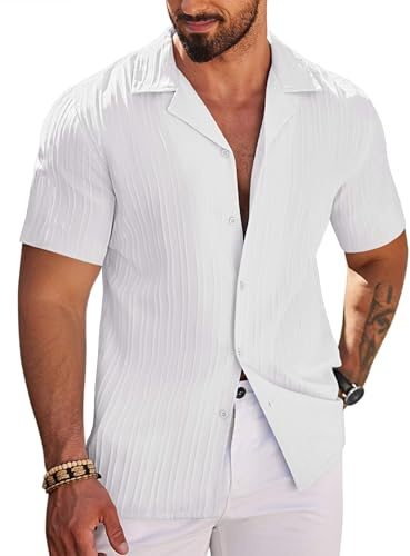 COOFANDY Mens Short Sleeve Button Down Shirt Fashion Textured Linen Summer Beach Shirts for Men Regular Fit White - M