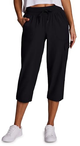 RBX Active Women's Cargo Capri Pant with Pockets Fashion Lightweight Woven with Drawstring Jet Black M