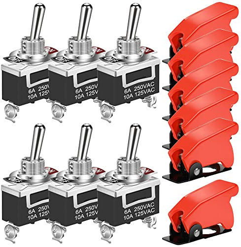 GUUZI 6 Pack Interrupteur à Bascule Robuste 12V-24V-48V-110V/10A, 220V-230V/6A, SPST 2Pin Interrupteur Marche/Arrêt Barre Métallique avec Couvercle de Sécurité Avion Rouge