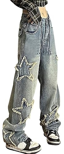DINGJIUYAN Vintage Star Jeans Women Pocket Wide Leg Straight Denim Pants Women Y2k Streetwear Casual Trousers Jeans