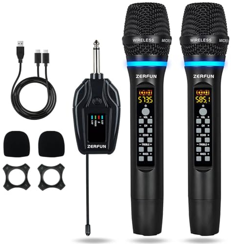 ZERFUN Dual Wireless Microphones Rechargeable, UHF Metal Wireless Mic System Cordless Microphone Professional with Echo Treble BASS VOL Channel Control for Karaoke Singing Church Events
