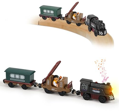 Battery Train for Wooden Track - 3 Pcs Magnetic Retro Battery Operated Light Up Train Toys, Wooden Train Track Accessories for 3+ Toddler Kid Boy Girl Birthday Christmas Halloween TOY 0604