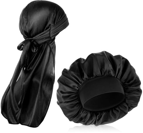 COMNICO Durag - Gorro elástico de seda para hombre (2 unidades), Negro , Talla única