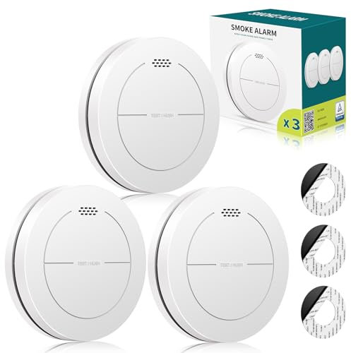 Safeliveo Detecteur de fumée, Batterie de 10 Ans, Pas de LED Clignotante, Fonction silencieuse, avec tampons adhésifs, Son d'alarme de 85 DB, Alarme Incendie Domestique, 3 Pièces