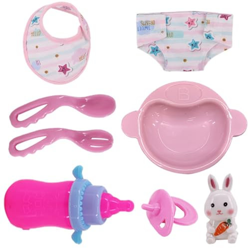 GXGM Zubehör für Puppen 30-43 cm, Puppenlätzchen und Windeln für Baby Puppen, Babyflasche, Nippel, 8 Stück