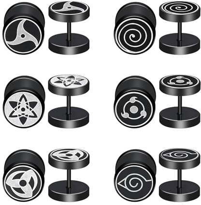 JewelryWe Boucles d'Oreilles Acier Inoxydable: 6 Paires Clous d’Oreilles Homme Faux Plugs Sharingan et Ninja Style Simple pour Animé Japonais Cosplay - Cadeau Anniversaire