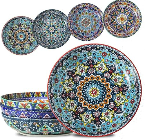 glowworm Pasta Bowls Set of 4, 42 oz Ceramic Salad Bowls for Kitchen, Large Serving Bowls for Ramen, Fruit, Housewarming Gift, Dishwasher & Microwave Safe, Bohemian