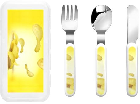 Set di 3 coltelli per bambini, forchetta e cucchiaio con stampa patatine fritte, posate sicure, manico in silicone per uso alimentare