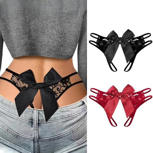 KOEMCY 2 Pezzi Set di Mutandine Slip Donna Pizzo con Fiocco Decorativo Mutande Strappy Design Intimo Elegante Culotte Trasparenti