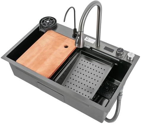 Diskbänks-set med utdragbar kran och temperaturdisplay, rostfritt stål inbyggd diskbänk 1 handfat bondgård diskbänk rektangel diskbänk enkel skål arbetsstation diskbänk, 75 x 46 cm