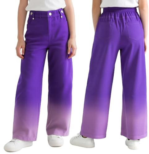 Domueay Vaqueros Niñas Pierna Ancha Jeans Baggy Pantalones Holgados de Cintura Elástica Largos Stretch Anchos Denim Jeans con Bolsillos Moda Casual Pants Infantil para 7-8 Años, Violeta