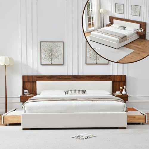 QNZK King Size Wood Bed Frame with Built-in Nightstands, Linen Platform Bed Frame with 2 Drawers, Natural Wood Grain & Luxury Upholstered Storage Headboard, No Box Spring Needed, Easy Assembly, Cream
