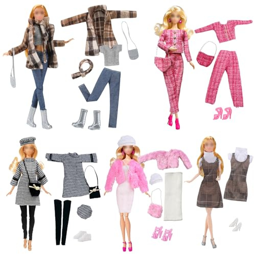 17 pezzi di abbigliamento e accessori per bambole da 11,5 pollici Compatibile con Barbie, nuovi vestiti per bambole 5 outfit alla moda a quadri con giacca e gonna 5 paia di scarpe 4 borse 2 cappelli 1