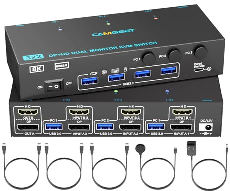 4K@144Hz HDMI Displayport KVM Switch 2 Monitors 3 Computers, USB 3.0 Dual Monitor KVM Switch DP 1.4 HDMI 2.1 KVM Switches for 3 Computers Share Keyboard, Mouse and 2 Monitors, with Desktop Controller