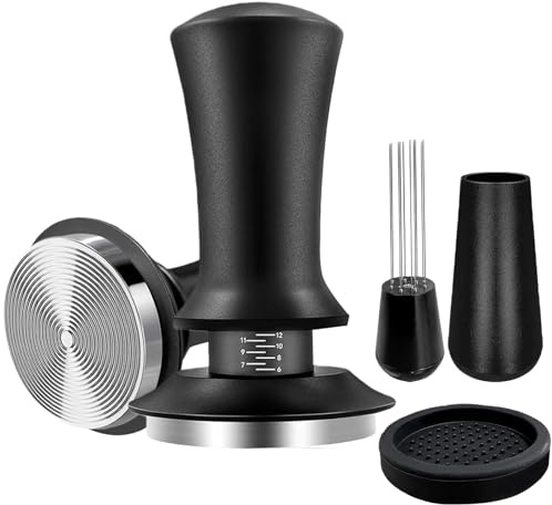 Prensador de café de 58 mm con ajuste de escala, prensador de café con rebote automático de 2 plumas, base ondulada de acero inoxidable, prensador de café de 58 mm con mango de madera, juego de