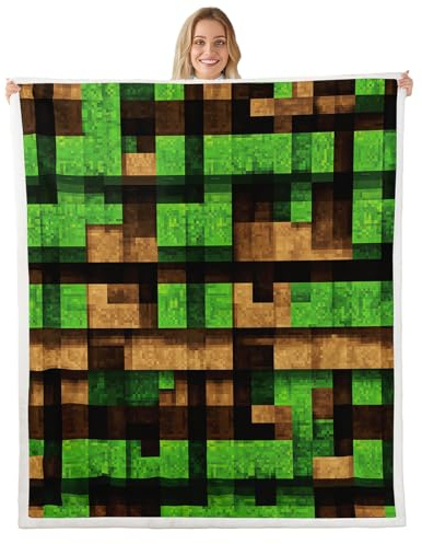 Miners Pixel Games Throw Blankets,Green Brown Grid Stripe Fleece Blanket ,Kids Girls Boys Adult 3D Video Games Fuzzy Blankets Build Sandbox Theme Sherpa Blanket Chair Sofa Bed Decor ,30×40