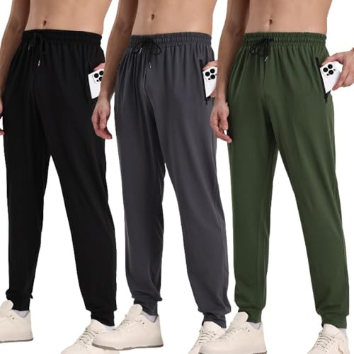 Hpbygstae Pack de 3 pantalones de chándal atléticos para hombre, con bolsillos con cremallera, para correr y hacer ejercicio, 3 paquetes/negro/gris oscuro/verde, XL