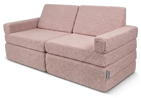 KiddyMoon Divano Per Bambini Con Copertura In Teddy Fatto Di Schiuma Pieghevole Divanetto Trasformabile In Materasso, Rosa,Divano