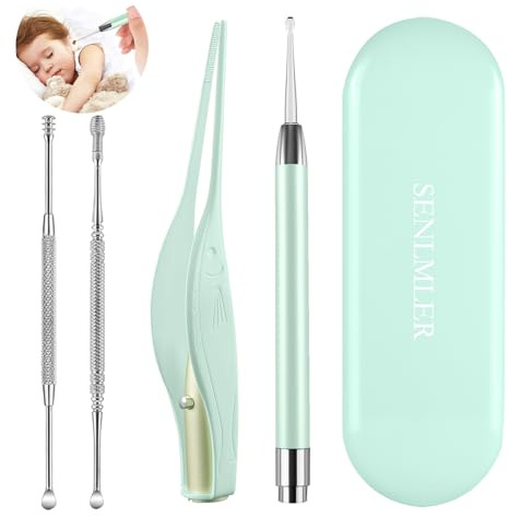 4 Pack Ear Wax Removal Tool Kit with Light, Ear Pick Ear Cleaning Tools Set for Kids and Adults, Ear Picks Digger & Tweezers & Spiral Spring Ear Spoon with Storage Box (Green)