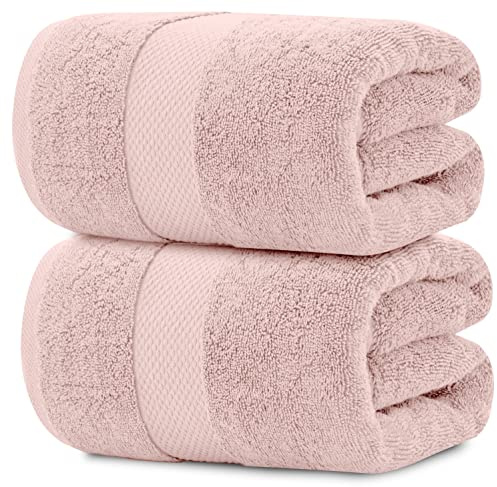 White Classic Pink 650 GSM Cotton Bath Sheet Towel - Extra Large 35x70, Luxury Soft, Highly Absorbent, Quick Dry, 2 Pack