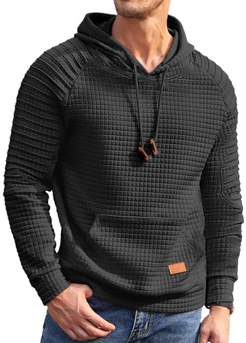 COOFANDY Men's Knit Hoodie Pullover Fashion Hip Hop Long Sleeve Drawstring Waffle Hooded Sweatshirt with Kanga Pocket, Black, Large