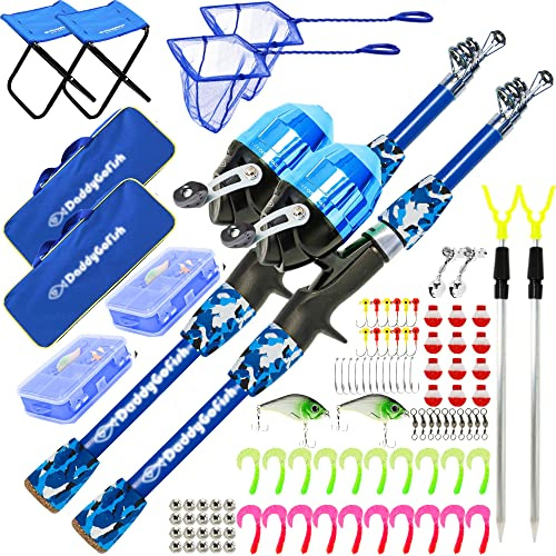 DaddyGoFish Kids Fishing Pole - Rod Reel Combo Tackle Box Starter Set - First Year Small Dock Gear Kit for Boys Girls Toddler Youth Age Beginner Little Children Junior Anglers (2 Pack Blue + Blue 4ft)