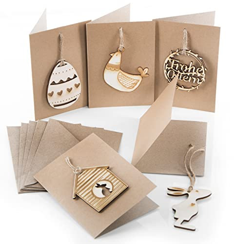 Logbuch-Verlag 5 Karten Ostern + Holzanhänger Osterkarten mit Anhänger als Mini Ostergeschenk