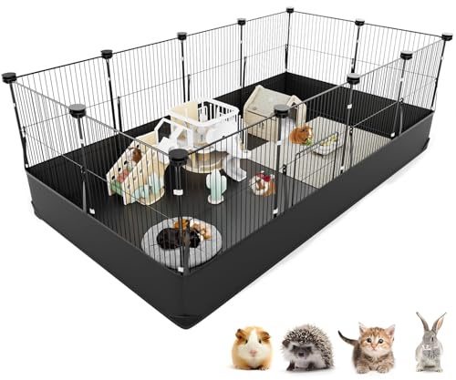 Tresbro Guinea Pig Cage with Waterproof PVC Bottom Liner & One-Hand Release Hook, Triple Fixing C&C Cage for Guinea Pigs, Bunny, Rabbit, Hedgehog, Small Animal Indoor Playpen 48''L x 24''W x 16''H