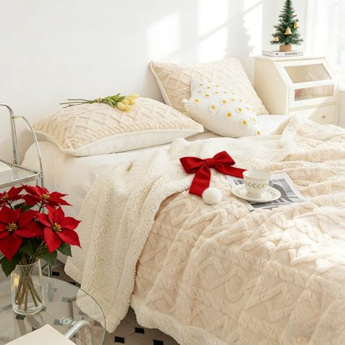 QOFLY Kuscheldecke Fleecedecke Flanell Decke 150x200 Pompoms Einfarbig Wohndecken Couchdecke Flauschig Überwurf Mikrofaser XL Tagesdecke Beige
