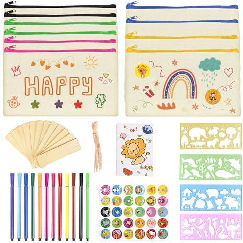 SIMSPEAR 10 Stück Leinwand Federmäppchen zum Bemalen, Basteln Kindergeburtstag mit 12 Buntstift, 12 Leeres Lesezeichen, 4 DIY Malschablonen, Mini-Notizblock für Kinder, 30 Aufkleber