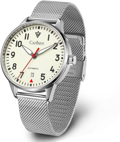 CADISEN Pilot Mechanische Herrenuhr, All Night Glow Zifferblatt Japanisches NH35-Uhrwerk, lässige wasserdichte Uhr, Silber, Weiß