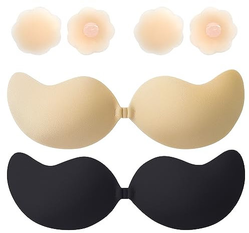 Kisvic Klebe BH Push up, 2 Stück Rückenfrei Trägerloser BH Kommen Sie mit 2 Paar Nippelpads, Wiederverwendbare Unsichtbarer Silikon Selbstklebender BH für Party, Hochzeit (Schwarz+Nude, A)