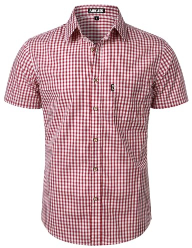 PARKLEES Camicia da uomo casual a quadri con bottoni in cotone a maniche corte a quadretti, vestibilità regolare con tasca, A quadretti rossi, M