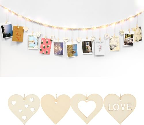 Cornice fotografica da 158 cm, con clip e catena di luci a LED, display boho con perline di legno, clip, ciondolo a forma di cuore, foto da appendere, corda per appendere foto, cartoline