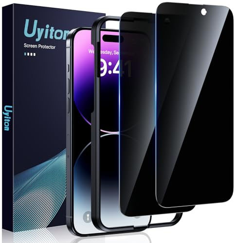 Uyiton Protección visual para iPhone 14 Pro para cristal blindado, 2 unidades, dureza 9H, protector de pantalla con plantilla, protección de privacidad de 30°, cobertura completa, antiespía