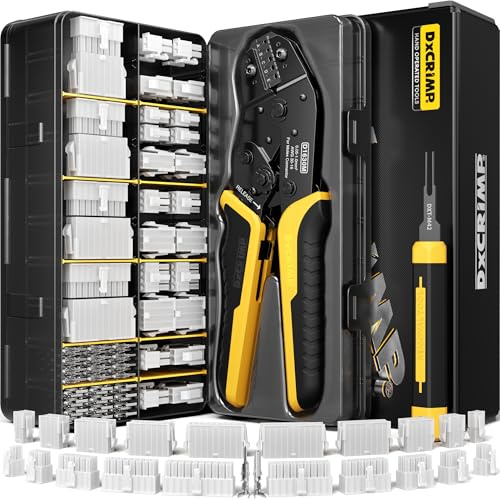 DxCRIMP Kit de Alicates de Terminales Mini-Fit Jr 4,2 mm — Set de Crimpado; Carcasas y Terminales 2–20 pines(26–16 AWG/0,14–1,5 mm²) con Crimpadora de Carraca y Extractor; ATX/EPS/PCIe, fuente modular