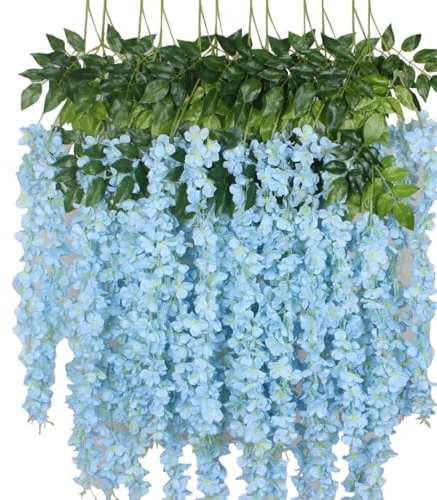 OUKEYI 12 guirnaldas de Flores Artificiales de glicinia, Flores Falsas de Seda de 3.6 pies para Colgar en Interiores y Exteriores, hogar, jardín, Navidad, Boda, Fiesta, decoración (Azul Cielo)